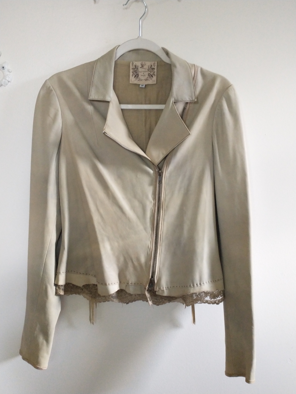 Nigel Preston & Knight Cream Leather Lambskin Moto Lace Trim Jacket M